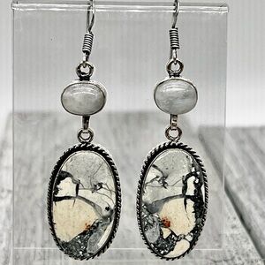 319. Brecciated Mookaite and Rainbow Moonstone Sterling Dangle Earrings